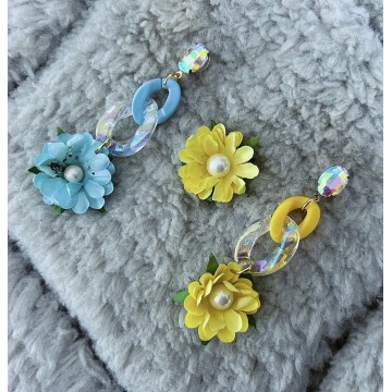 Boucles d'oreilles fleur jaune et turquoise.