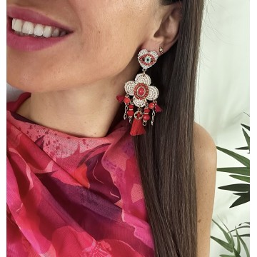 Boucles d'oreilles coquillage rouge strass.