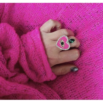 Bague réglable  coeur, oeil et strass.