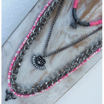 Collier multi-rangs pink & black