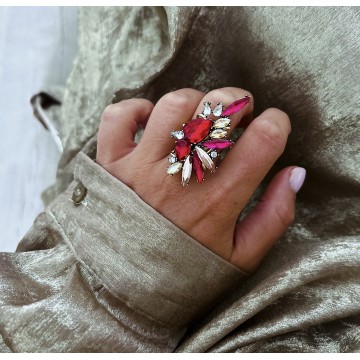 Bague réglable diamant strass rose rouge.