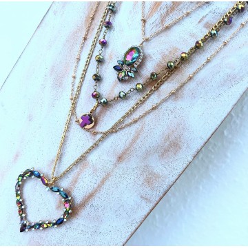 Collier bohème multi-rangs multi reflets coeur.