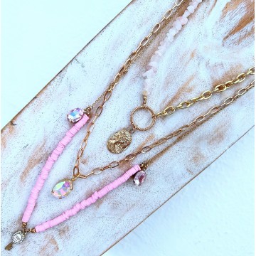 Collier strass multi-rangs rose et doré.