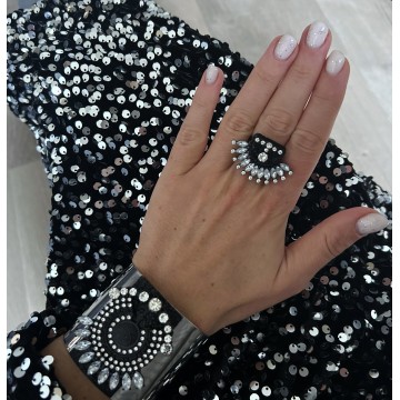 manchette boho argenté noir & strass.