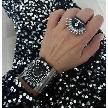 manchette boho argenté noir & strass.